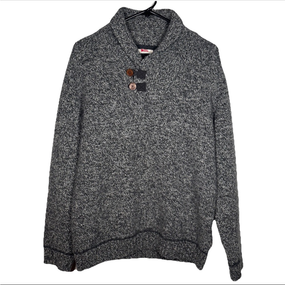 FJALLRaven Lada Wool Blend Mens Sweater Grey Shawl Collar Size L  Buttons Nature